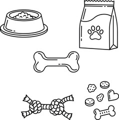 Dog food bowl bone treat rope toy pet care supply doodle line art vector illustration outline icon set