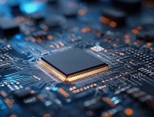 A close-up view of a microchip on a circuit board, showcasing intricate connections and glowing lights, highlighting technology and innovation.