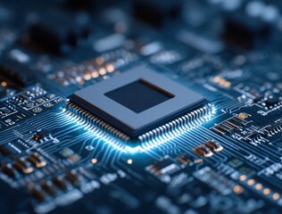 A close-up of a microprocessor on a circuit board, showcasing intricate circuitry and glowing elements, representing advanced technology and electronics.