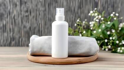 White Cosmetic Bottle on Wooden Tray with Linen Cloth 