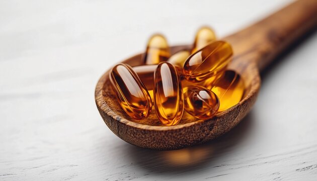 Fish Oil Softgels In Wooden Spoon: Close-Up Image With Copy Space, Horizontal Orientation On White Background. Omega 3 Capsules Displayed.