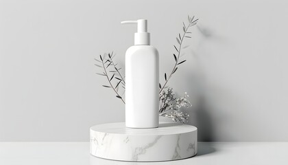 White Cosmetic Bottle Pump Mockup on Marble Base 