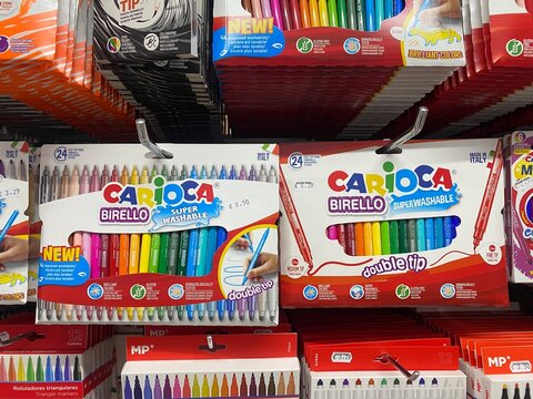 Palmanova, Spain - August 25, 2025: Carioca Birello super washable markers displayed on store shelf, featuring vibrant colors and double tip design for creative projects and artistic expression