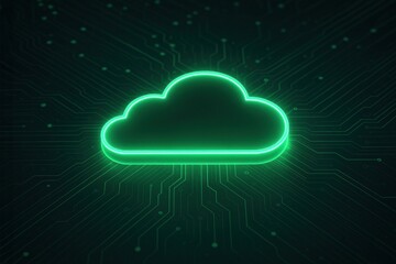 A glowing green cloud icon on a dark circuit board background, symbolizing cloud computing and digital technology.