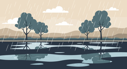 Tranquil Scene Of Rain Falling On Countryside With Tree Reflection In Water