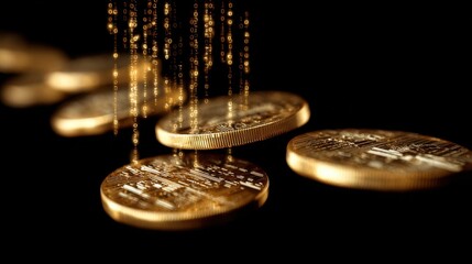 A close-up of gold coins with shimmering reflections, creating a striking visual effect against a dark background.