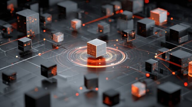 A futuristic digital landscape featuring interconnected cubes, with glowing lines and a central cube, representing technology and data flow.
