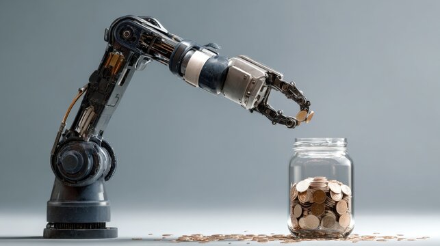 A robotic arm is depositing coins into a jar, showcasing technology's role in finance and automation. - Powered by Adobe