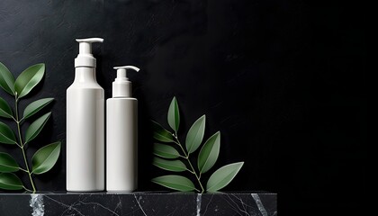 White Cosmetic Bottles on Black Marble with Green Leaves 