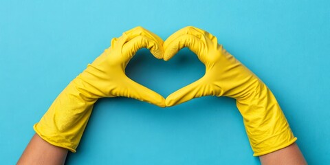 Yellow Rubber Gloves Forming Heart Shape on Blue Background, Cleaning Love Concept Cleaning, Hygiene
