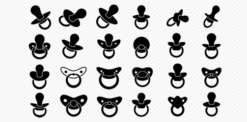 A collection of twenty-four black silhouette illustrations of baby pacifiers, each with a unique design and shape, arranged on a transparent background.