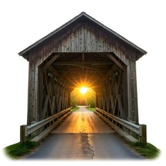 A historic covered bridge illuminated by the sunset, creating a picturesque scene