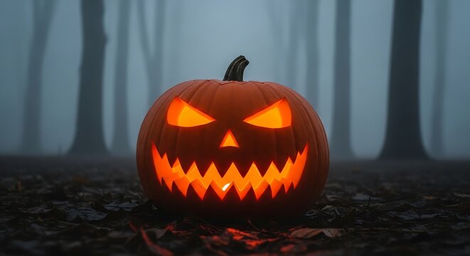 Scary jack-o'-lantern glowing with fire in a foggy haunted forest