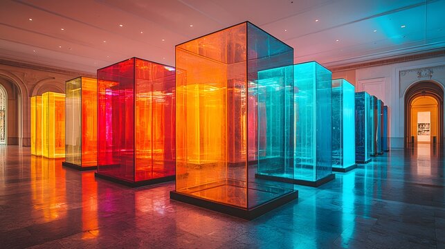 An immersive art installation with towering, translucent colored blocks casting a vibrant, ethereal glow across a grand gallery space