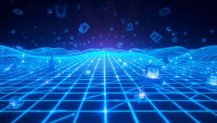 Futuristic blue grid background with floating data cubes, ideal for showcasing advanced technology and interconnected networks