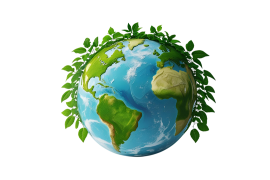 a globe, with leaves surrounding it, shows an artistic approach, and the image depicts a sense of nature, environment and life.