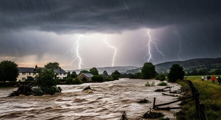 Dramatic lightning illuminates a raging floodwaters engulfing a village, with people observing the severe weather event from a safe distance.