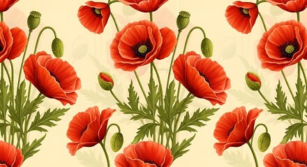 Red Poppy Flowers Seamless Pattern.