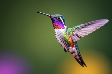 Vibrant Hummingbird in Flight Close-Up with Iridescent Feathers and Blurred Green Background 