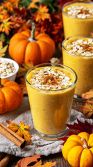 Sipping a delicious pumpkin and banana smoothie in a rustic mug surrounded by small pumpkins and autumn decor, perfect for a cozy afternoon in fall