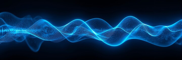 Abstract blue wave of particles on a dark background, representing energy, data, and technology with a modern and futuristic design concept