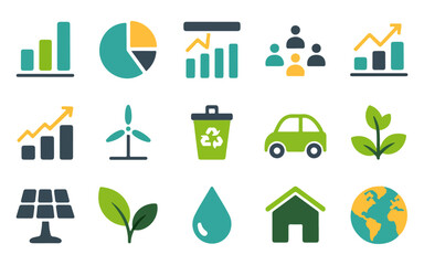 Modern minimalist flat and outline icon set for business economy and ecology with black yellow cyan and magenta color palette