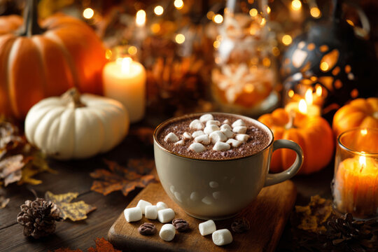 Hot chocolate fills a cozy cup adorned with marshmallows, surrounded by pumpkins, candles, and colorful fall leaves, perfect for a chilly autumn evening with Halloween vibes
