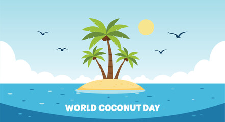 Illustration of a tropical island with palm trees in a blue ocean under a sunny sky, celebrating World Coconut Day.