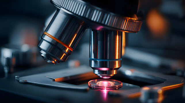 Close-up shot of microscope with metal lens at labortory.