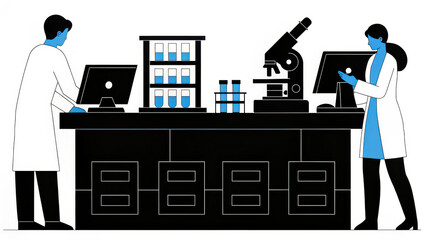 Laboratory scene featuring two scientists working with equipment, including microscope and test tubes, showcasing collaborative research