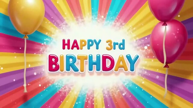 Cheerful 3rd birthday celebration with rainbow background, sparkles, colorful balloons, and bold central birthday text
