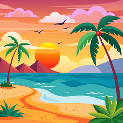 Obraz premium Vibrant tropical beach sunset with palm trees and ocean waves