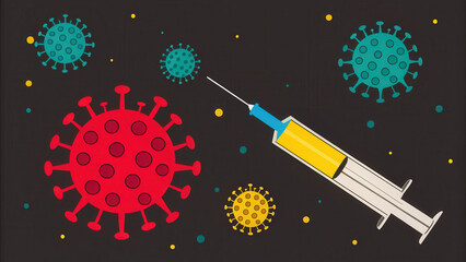 Vaccination plays crucial role in combating viruses, represented by syringe and colorful virus illustrations
