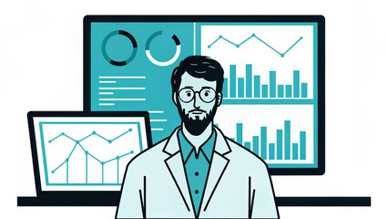 Data analyst in lab coat stands confidently in front of digital screens displaying various graphs and charts, showcasing data analysis