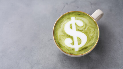 Matcha latte with dollar sign foam art over gray table highlights price and value in creative and modern style