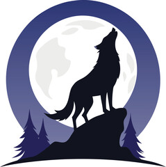 wolf howling at full moon silhouette clean whit.