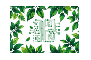 dark background with green leaves and a subtle electronic circuit board pattern, no background