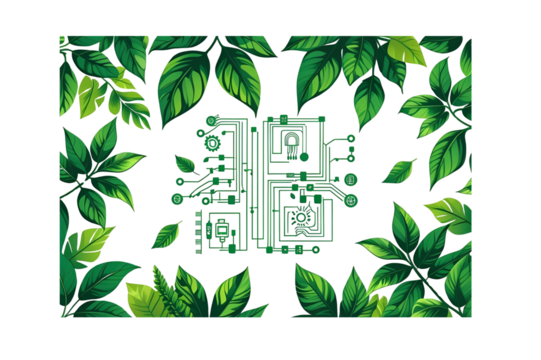 dark background with green leaves and a subtle electronic circuit board pattern, no background