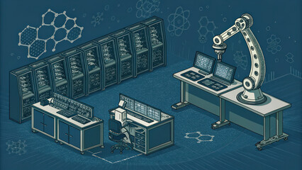 Automated robotic arm modern laboratory setting, surrounded by advanced computing systems and scientific diagrams, showcasing technology