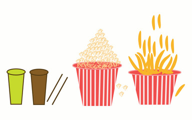 Cups straws popcorn and fries in striped containers vector art on white background