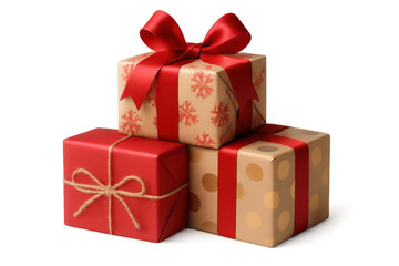 Obraz premium Stack of Christmas gift boxes with red ribbons and bows on transparent background
