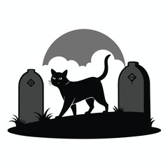 black cat walking past tombstones vector clean w.eps