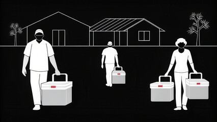 Healthcare workers carry medical supplies in coolers towards building, showcasing dedication and teamwork in community health efforts