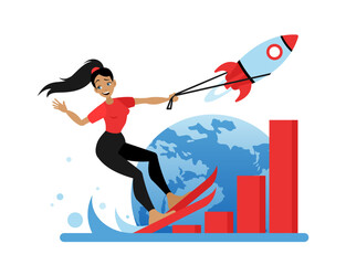 Striving for development. A woman on water skis is holding onto a rocket that is rapidly carrying her upward. The concept of development and quick start in business. Flat cartoon-style illustration