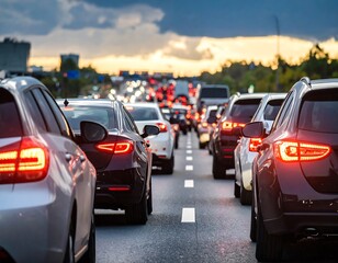 Traffic jam on a highway at sunset (1)