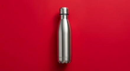 Sleek stainless steel water bottle with red cap on vibrant red surface