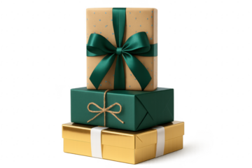 Stack of three gift boxes with ribbons on transparent background