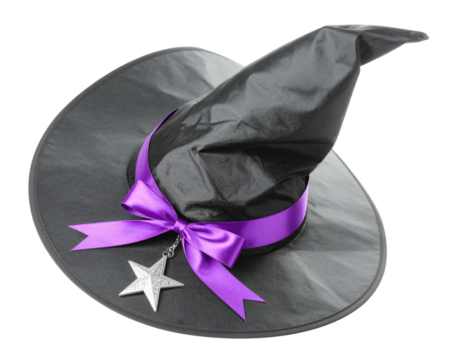  Witch Hat with Purple Ribbon and Dangling Charm, Top-Down Perspective, isolated on transparent background PNG