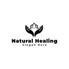 Obraz premium Ikon vektor tangan memegang bunga teratai. Templat papan nama bisnis untuk Pengobatan Alternatif, Klub Yoga, Industri Kecantikan, Spa Medis, Kosmetik Alami, Penyembuhan Alami, Akupunktur, Pijat, dan R