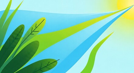 Abstract Illustration of Green Leaves and Blue Gradient Background.